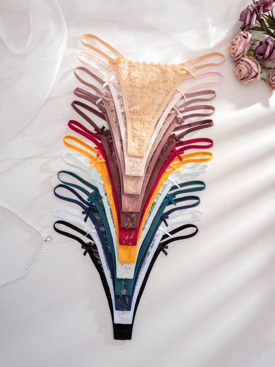 SHEIN 12 pièces/paquet Culottes tanga en dentelle avec nœud pour femmes grande taille - Multicolore - Voir 1