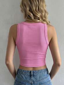 DAZY Camiseta de tirantes acanalada de unicolor con cuello redondo y ajustada para adolescentes, de verano - Rosado Sandía - Ver 6