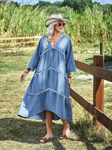 EMERY ROSE Đầm denim nữ dáng suông, chất liệu denim bạc màu, có bèo nhún ở gấu, thích hợp cho mùa thu. - Rửa nhẹ - Xem 3