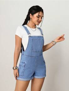 Quần yếm ngắn denim cargo màu xanh nhạt dành cho nữ SHEIN PETITE, trang phục thường ngày và thoải mái mùa hè. - Rửa trung bình - Xem 6