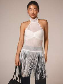COSMINA Top alla moda e sexy con coulisse sul fondo, di colore unito, per donna - Bianco - Visualizzare 2
