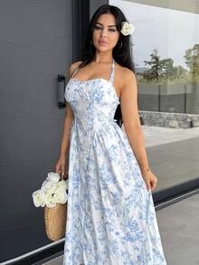 Vassilux 女款浪漫花卉印花掛脖中長洋裝，波希米亞風，西式優雅 - 藍白色 - 查看 5
