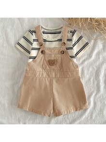 Loomiva Newborn Baby Boy/Girl Cartoon Bear Pattern Knit Soft Round Neck Long Sleeve Raglan Pullover Top And Bib Pants 2-Piece Set - Camel - View 4