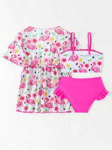 Set di 3 pezzi di bikini con stampa fenicottero e coprispalle a maniche corte per giovani ragazze - Fucsia - Visualizzare 2