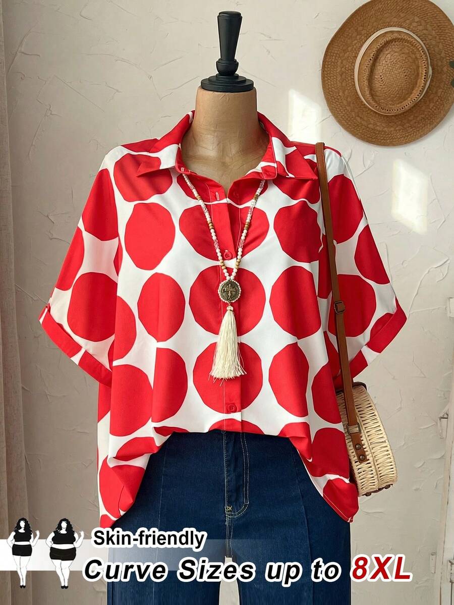 SHEIN CURVE+ 大码女式宽松休闲白色短袖衬衫,适合假日和夏季海滩穿着,包括沙滩裙、海滩度假装、海滩必备单品、毕业典礼、下午茶会等场合,也适合夏季、乡村、海滩度假、海滩装扮等。 - 紅色 - 查看 1