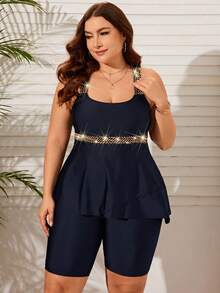 Swim Lushoire Plus Size Contrast Color Halter Bikini - Navy Blue - View 4
