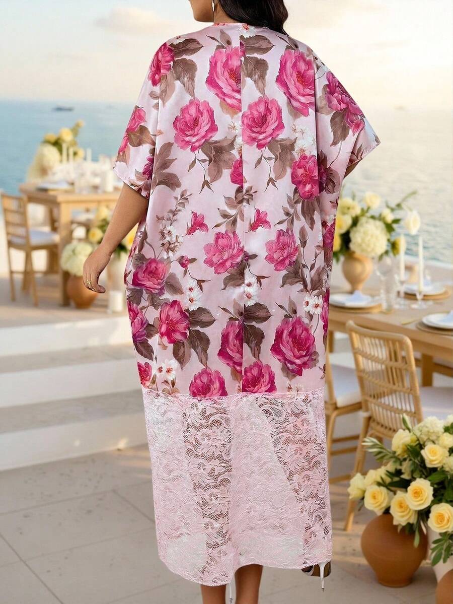 Fleurora 大码女士优雅印花镂空领口蕾丝下摆宽松度假连衣裙，夏季 - 粉色 - 查看 1