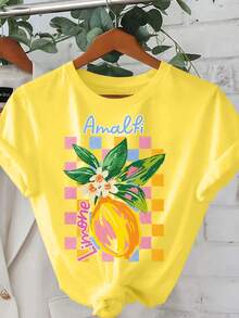 EMERY ROSE Camiseta casual de talla grande con estampado a cuadros de limón - Amarillo - Ver 3