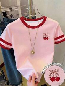 Bộ 3 áo thun ngắn tay in hình dâu tây, anh đào, chanh ngọt ngào cho bé gái, màu vàng, đỏ, hồng, thêu giả, đa năng thích hợp cho đi chơi, thường ngày và dự tiệc. - Nhiều màu - Xem 3