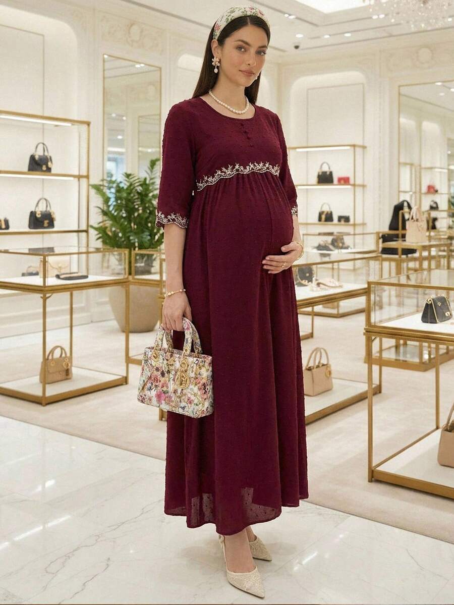 SHEIN 孕妇花卉刺绣圆领优雅连衣裙,春夏款 - 酒紅色 - 查看 1