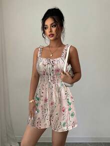 Elenzga Bộ jumpsuit nữ màu mơ nhạt, họa tiết nhiều màu, viền bèo nhún, dây mảnh, cổ vuông, thắt eo, thanh lịch và tinh tế, phù hợp cho Ngày Valentine, Lễ Phục Sinh, Ngày Lao động, Sinh nhật, Hẹn hò, Tiệc tùng, Các dịp trang trọng, trang phục giáo viên, du lịch, mùa xuân và mùa hè. - Hồng - Xem 3