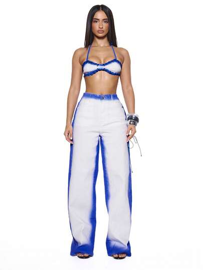 MUSERA Contrast Washed Eyelet Tie Denim Jeans Only Sexy Summer Spring Rave Festival Holiday Vacation Party Going Out Tripp