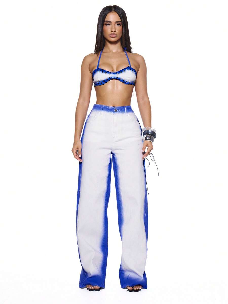 MUSERA Celana Jeans Denim Eyelet dengan Desain Kontras, Cocok untuk Musim Panas, Musim Semi, Pesta Rave, Festival, Liburan, dan Acara Jalan-jalan. - Blue and White - View 1