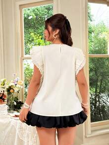 Celure Elegant Pleated Cap Sleeve Blouse With Front Tuck Detail Minimalist Round Neck Slimming Shirt Textured Ruffle Hem Plus Size Tea Party White Summer - Apricot - View 2