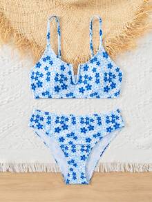 SHEIN Tween Girl Vacation Beach Ditsy Floral Bikini Set Summer Beach Tween Girl Swimming, Tween Girl Beachwear - Multicolor - View 5