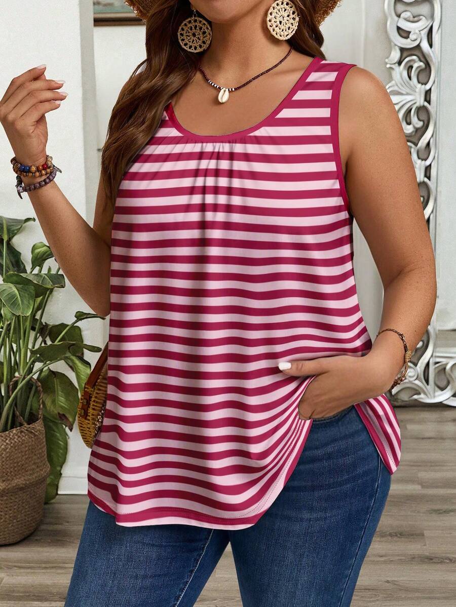 EMERY ROSE Plus Size Women Casual Striped Print Sleeveless Tank Top - Multicolor - View 1