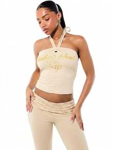 BABYPHAT ملابس علوية قصيرة كاجوال بطبعة شعار بأسلوب هالتر مع ربطة عنق، ملابس علوية صيفية بندو - كريم - مشاهدة 5