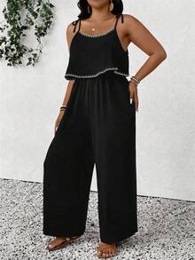 SHEIN Frenchy Plus Size Women's Black Casual Vacation Seashell Decor Contrast Color Jumpsuit, Suitable For Summer - Multicolor - View 4