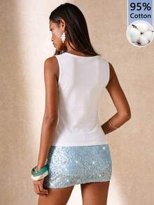 SHEIN BAE Áo hai dây nữ màu trắng, cổ vuông, ôm dáng, chất liệu 95% cotton - Trang trí pha lê, thích hợp cho kỳ nghỉ hè ở đảo và Ý, mặc được cả bốn mùa, đa năng cho thể thao, tập thể dục và mặc ở nhà, đồ đi biển, áo hè giản dị dễ thương. - Nhiều màu - Xem 3