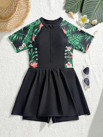 SHEIN 2026 Tween Girls One-Piece Swimsuit, Black Floral Print, Fashionable, Elegant, Lively, Suitable For Swimming, Beach, Pool, Photo Shoot, Gift Summer Vacation Thermal Christmas Holiday Festival New Years Valentines Swim Girls Resort Wear Black Summer Dress Girls Tween Hawaiian Outfit Black Young Girl Modest Swimsuit Tween Hawaiian Swimsuit Girls Modest Swimsuit Girls Rashguard Dress Black Girls Rash Guard Girls Hawaiian Swimsuit Girls Black Rash Guard Black Skirted Swimsuit