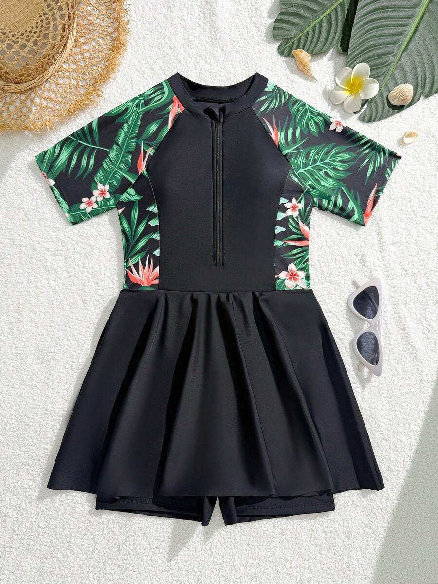 SHEIN 2026款少女连体泳衣,黑色碎花印花,时尚、优雅、活泼,适合游泳、海滩、泳池、拍照、送礼 - 黑色 - 查看 1