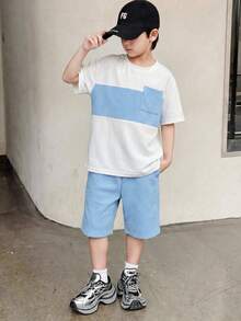 SHEIN 2件套儿童/青少年男童休闲撞色圆领短袖T恤短裤套装，适合通勤、上学、日常休闲穿着、运动、春夏穿着 - 白色 - 查看 5