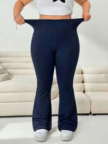 SHEIN Tall CURVE CURVE Plus Size Women's High Waist Flare Jeans With Pocket, Navy Blue Autumn Casual Loungewear, Tall Girls Wide-Leg Pants, Elegant Office Gym Sport - Navy Blue - View 1