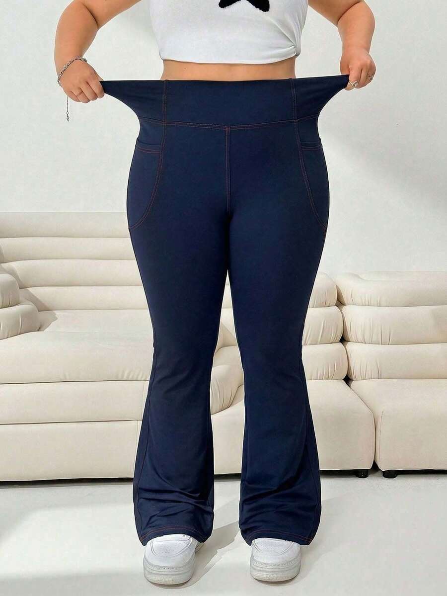 SHEIN Tall CURVE CURVE Plus Size Women's High Waist Flare Jeans With Pocket, Navy Blue Autumn Casual Loungewear, Tall Girls Wide-Leg Pants, Elegant Office Gym Sport - Navy Blue - View 1