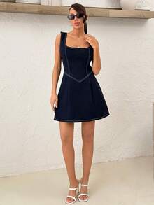 SHEIN Raw Wash Casual Mini Denim Dress - Dark Wash - View 3