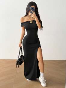 SHEIN EZwear 女士黑色针织露肩连衣裙 - 黑色 - 查看 5
