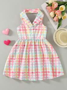 SHEIN Elladie kids 花园女孩夏季新款时尚Polo领露背吊带束腰甜美度假风连衣裙，少女正式连衣裙 - 粉色 - 查看 5