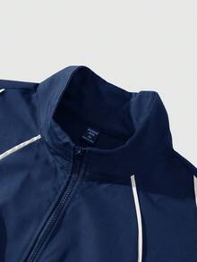 ROMWE MEN Men's Striped Contrast Color Zipper Vest And Casual Drawstring Waist Shorts Set - Navy Blue - View 6