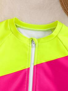 SHEIN Kids Young Girl Contrast Color Half Zip One-Piece Long Sleeve Swimsuit - Multicolor - View 6