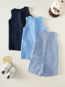 SHEIN 3pcs Set Baju Terusan Tanpa Lengan Bergaris Kasual Unisex untuk Bayi Baru Lahir & Celana Pendek Celemek, Cocok untuk Jalan-jalan dan Liburan - Biru - View 2