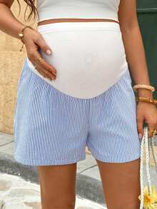 SHEIN Adjustable Waist Striped Patchwork Casual Maternity Shorts - Blue - View 5