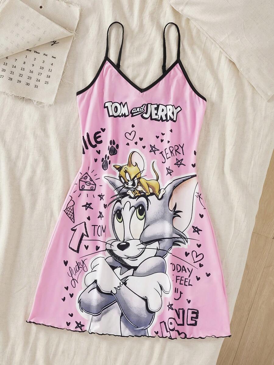 TOM & JERRY X SHEIN 女士字母卡通猫印花吊带睡裙 - 粉色 - 查看 1