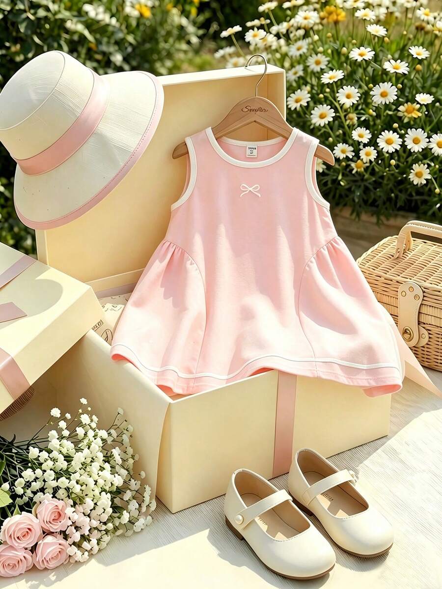 Souflis Souflis Đầm dệt kim màu hồng nhạt kiểu dáng thể thao năng động cho bé gái, phối màu không đối xứng, thích hợp cho bé chơi đùa mùa hè, ở nhà, đi nghỉ mát, ngọt ngào và dễ thương. - Hồng - Xem 1