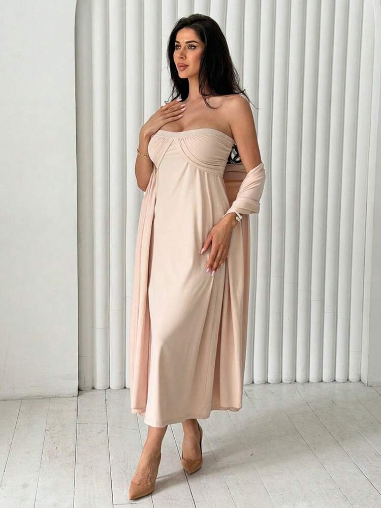 Women's Elegant Solid Color Pleated Bandeau Top & Headscarf 2 Pieces Set, Summer Lounge Sets For Women