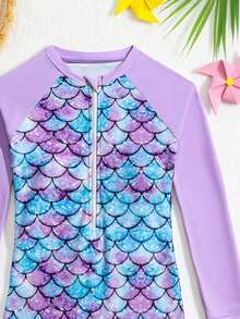 SHEIN 新款时尚少女粉色碎花连体泳衣夏季度假保暖圣诞节节日新年情人节泳装 - 紫色 - 查看 4