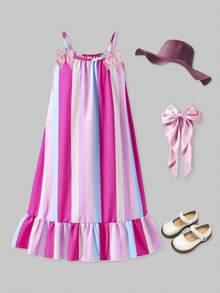 ChillGRL Girls' Rainbow Striped Colorblock Vacation Floral Print Spaghetti Strap Ruffle Hem Casual Dress - Multicolor - View 3