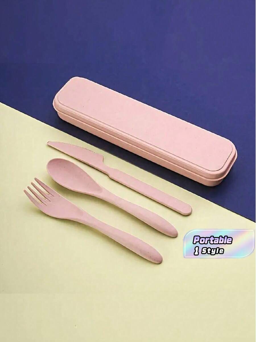 SHEIN Set de 3 piezas de cubertería portátil, cubiertos de plástico reforzados, tenedores y cucharas reutilizables, adecuados para viajes, restaurantes, estudiantes, sets de regalo navideño, fiambreras, recipientes de almacenamiento - Rosa - Ver 1