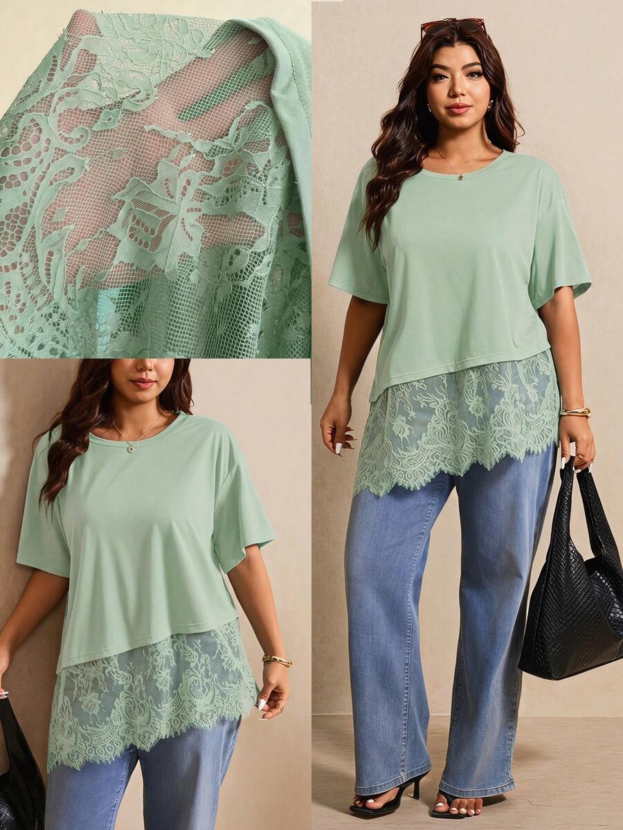 Elaquor Plus Size Summer Casual Solid Color Lace Patchwork T-Shirt - Mint Green - View 1