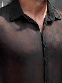 Manfinity Homme 男士休闲金属条纹黑色衬衫 - 黑色 - 查看 6