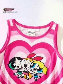 THE POWERPUFF GIRLS X SHEIN Maija Kids Young Girl Round Neck Fitted Asymmetric Hem Camisole, Spring/Summer - Pink - View 5