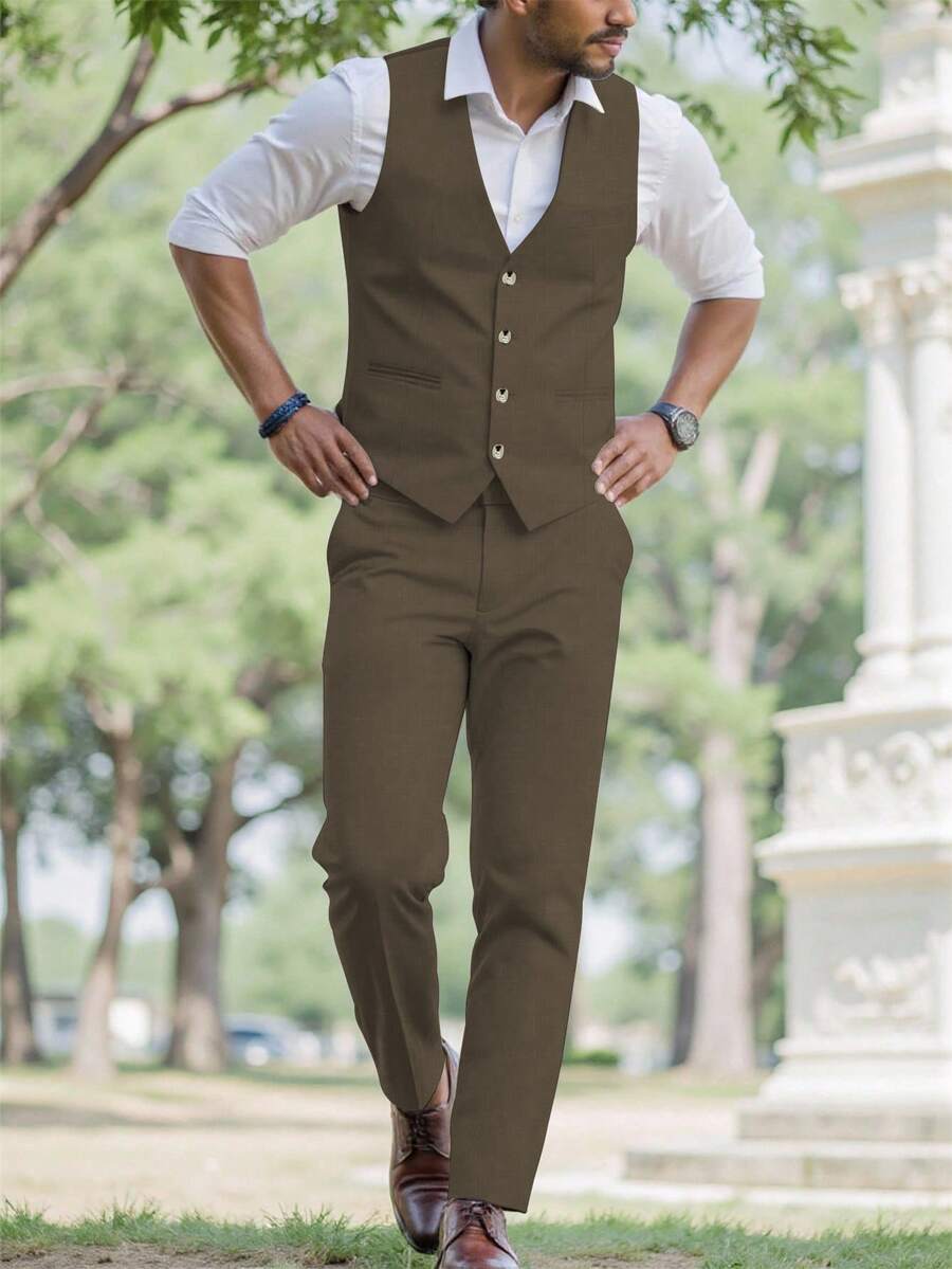 Calvornis 男士商務正式鈕扣前開西裝背心外套與修身長褲,背心西裝套裝 2 件組,儀式穿著 - 棕色 - 查看 1