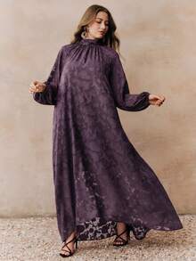 Anewsta Plus Size Women's Brown Chiffon Cutout Floral Stand Collar Lantern Sleeve Tie Back Elegant Dress Fall - Purple - View 7