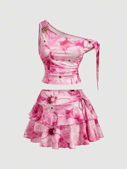 SHEIN MOD Plus Size Women's Minimalist Asymmetric Shoulder Printed 2-Piece Set, Suitable For Summer, Vacation, Retro, Outdoor, Date, Picnic, Party, Festival, Birthday