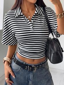 SHEIN EZwear Áo thun dệt kim kẻ sọc ôm dáng thường ngày dành cho nữ - Đen và trắng - Xem 7