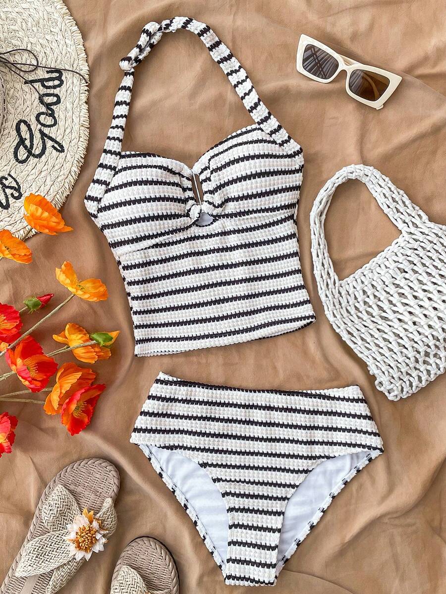 SHEIN Teen Girls' Black & White Striped Textured Halter Tankini Top, Suitable For Swimming, Vacation, Beach Wear, Children's Swimwear Set, Summer Holiday - Black and White - View 1