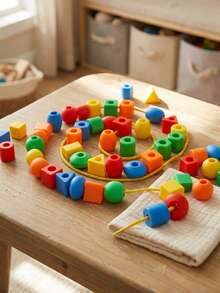 MINKOJA MINKOJA 20-100pcs Thread Geometry Beads With 2pcs Color Random Rope Random Shape And Color Blocks Children Early Educational Color Shape Cognition Beads Kids Manual Ability Training Games - Multicolor - View 2